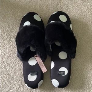 Black and white polka dot Victoria Secret slippers